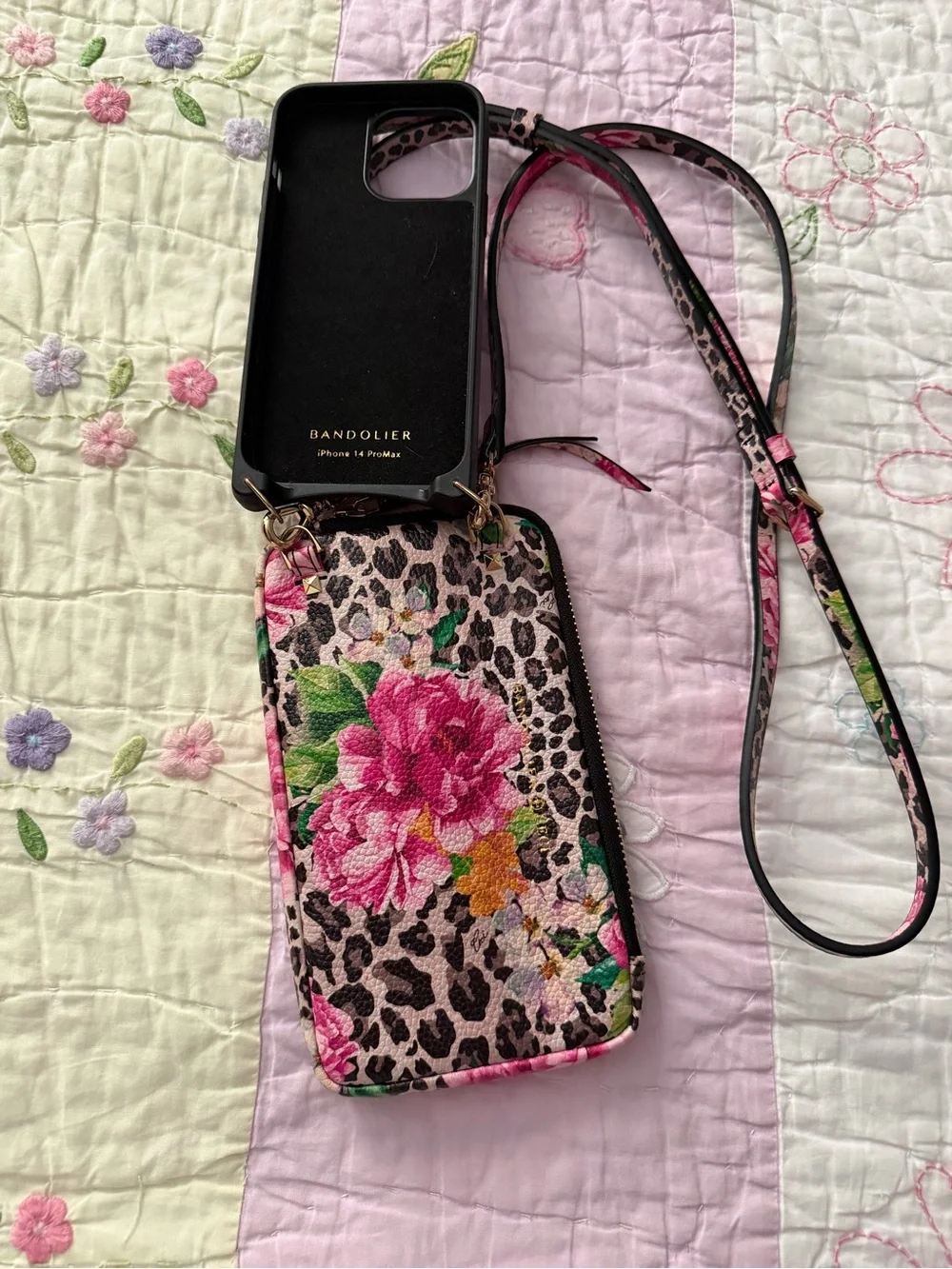Floral Leopard Crossbody Phone case and pouch iPhone 14 proMax Like New.